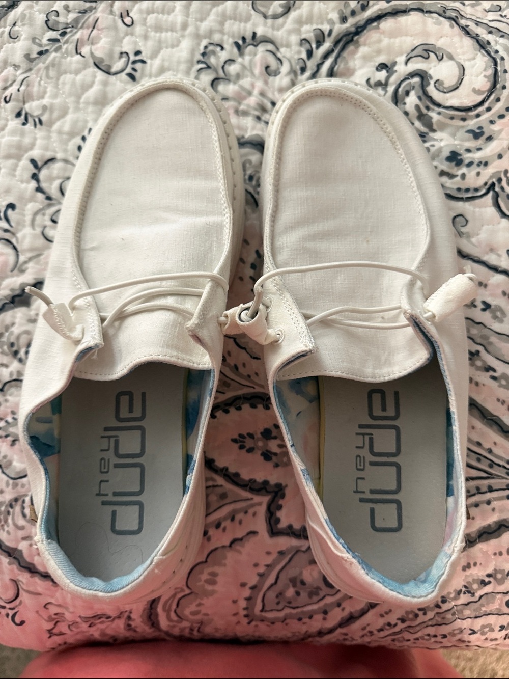 Hey Dude White Canvas Slip-On Sneakers with Light Blue Trim